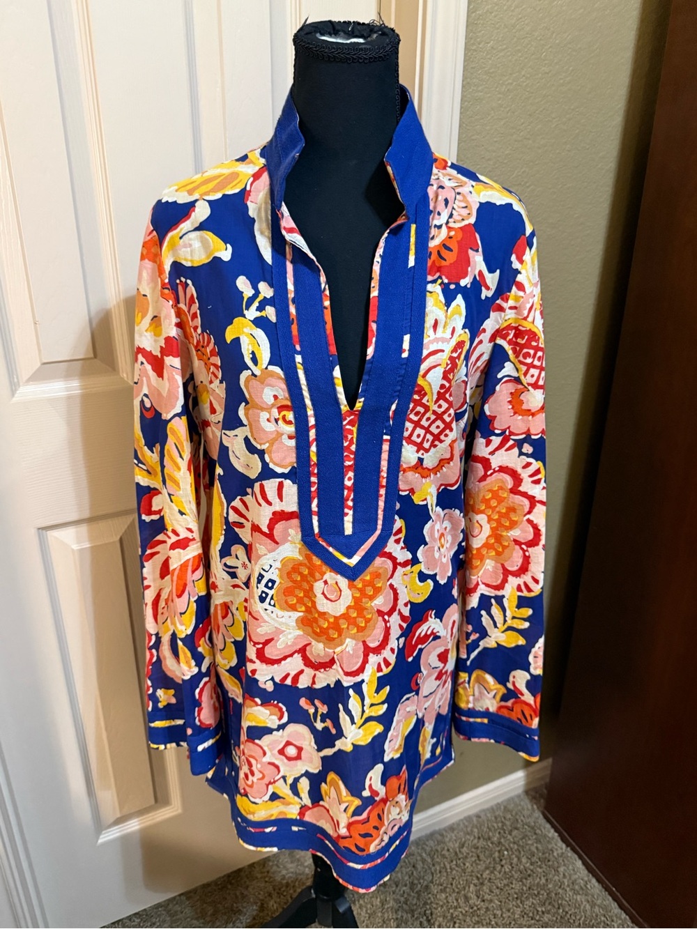 Tory Burch Blue Floral Tunic with Pink, Yellow and Orange Accents - Picture 1 of 12